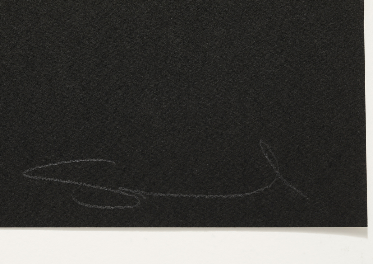 Ein Kunstwerk mit dem Titel »I was made«, 2021, zeigt eine minimalistische, handgezeichnete Linie in einer geschwungenen Form auf schwarzem Hintergrund. Das Bild ist schlicht und elegant, mit einer monochromen Farbpalette.