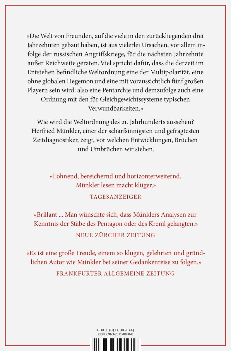 Rückseite des Buches 'Welt in Aufruhr' von Herfried Münkler. Der Text auf der Rückseite enthält Lobeshymnen und Rezensionen verschiedener Zeitungen. Das Design ist schlicht mit einem weißen Hintergrund und rotem Rand.