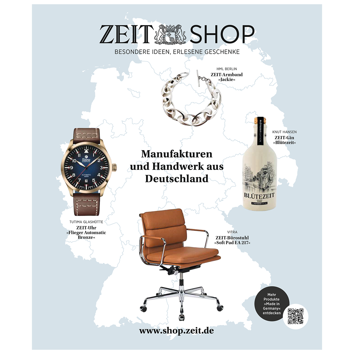 Titelbild eines Katalogs mit dem Titel 'Manufakturen und Handwerk aus Deutschland'. Zu sehen sind eine Armbanduhr mit Lederarmband, ein silbernes Armband, eine Flasche Likör und ein moderner brauner Bürostuhl vor einer hellen Landkarte von Deutschland. Überschrift, kurze Beschreibungen und das Logo des ZEIT Shops ergänzen die Gestaltung.