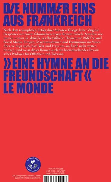Das Bild zeigt das Buch 'Liebes Arschloch' von Virginie Despentes. Der Hintergrund ist rot mit blauem und weißem Text. Es handelt sich um eine Hymne an die Freundschaft und befasst sich mit modernen Themen wie Social Media und Machtmissbrauch. In der Mitte des Covers befindet sich eine große weiße Schrift mit dem Titel des Buches, und am oberen Rand steht 'Die Nummer eins aus Frankreich'.