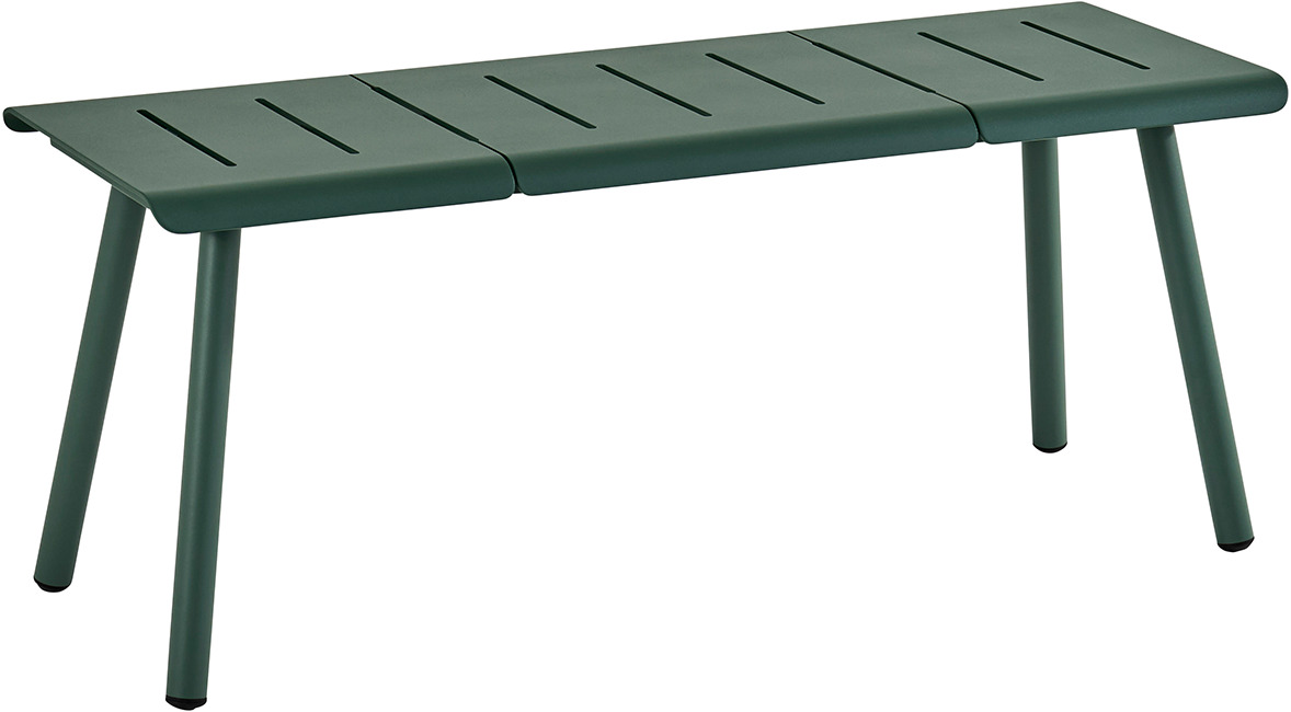 Grüne Metallbank 'VAPIO' als 2-Sitzer mit schlichten Linien und modernem Design, geeignet für den Außenbereich wie Garten oder Terrasse.