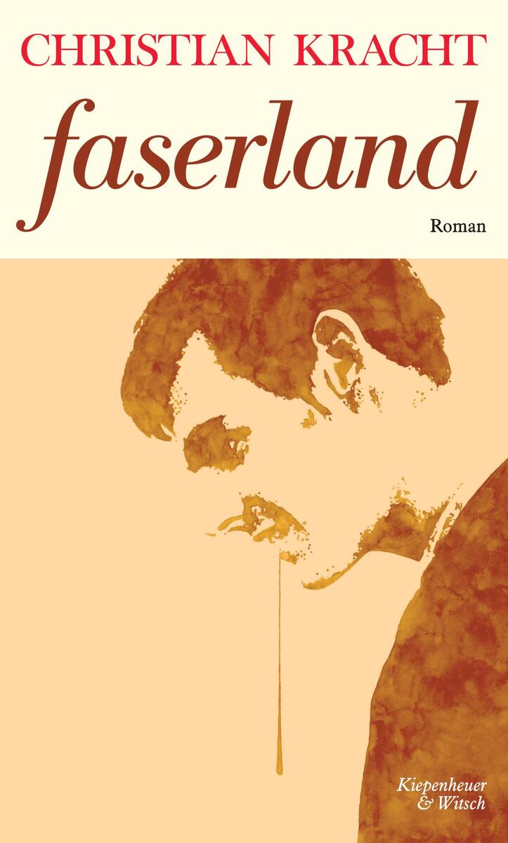 Buchcover des Romans ‘Faserland’ von Christian Kracht. Das Cover zeigt eine Zeichnung eines Mannes im Profil mit dem Titel des Buches in roter Schrift und dem Namen des Autors in großer Schrift oben.