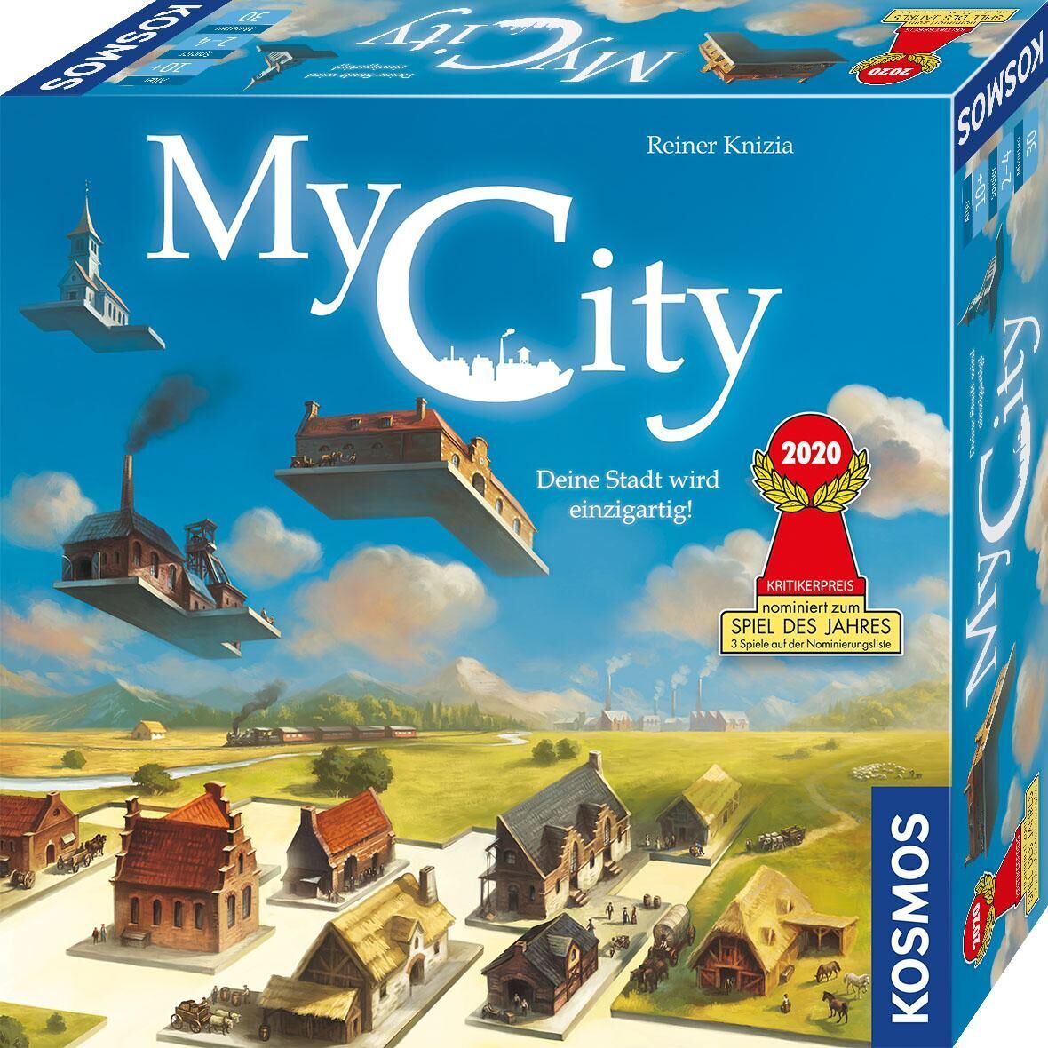 Das Bild zeigt das Brettspiel 'My City' von Kosmos, das in einer blau-grünen Schachtel verpackt ist. Das Cover ist geprägt von einer Landschaft mit Gebäuden und schwebenden Plattformen. Oben rechts sieht man einen Preisaufkleber 'Spiel des Jahres 2020'. Der Markenname 'Kosmos' ist auf der Seite der Schachtel zu erkennen.