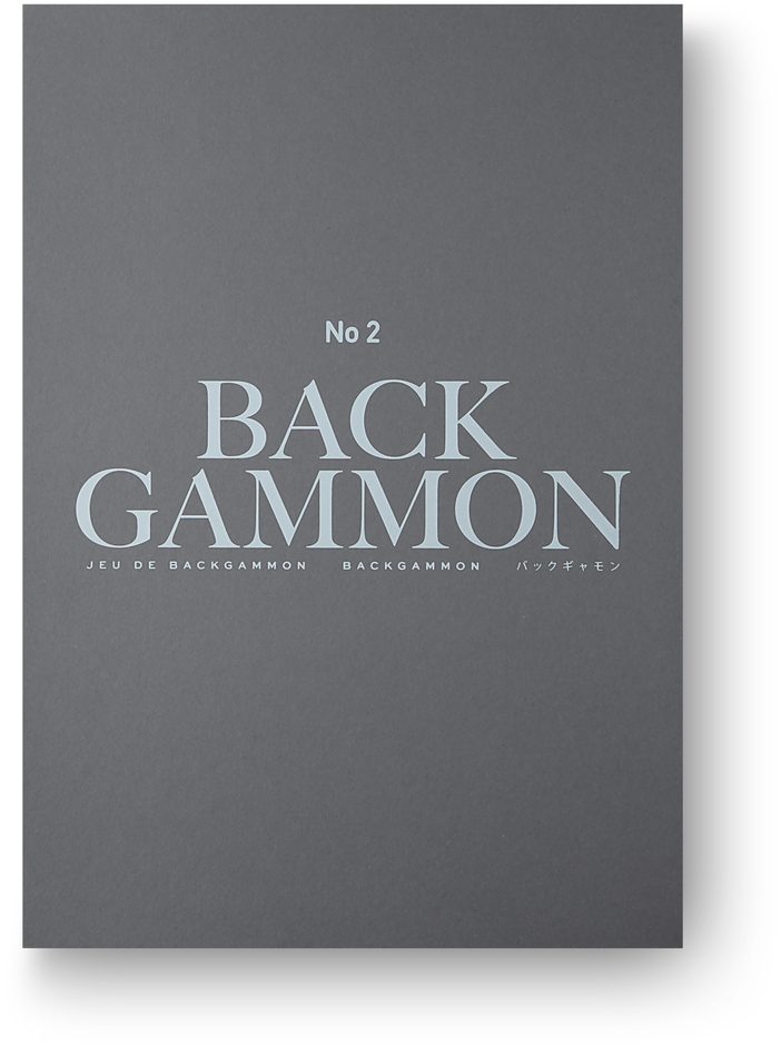 Eine graue Schachtel mit der Aufschrift 'No 2 Backgammon' in weißer Schrift, mit zusätzlichen Beschreibungen in mehreren Sprachen darunter.