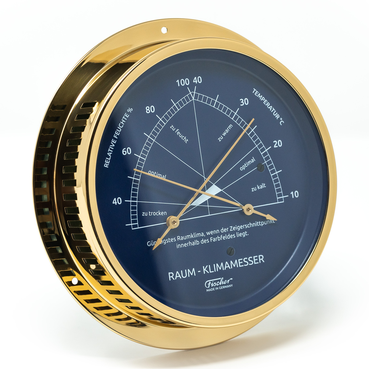 ZEIT Sonderedition Raumklimamesser mit blauem Zifferblatt und poliertem messingfarbenem Gehäuse. Das Instrument zeigt Temperatur und Luftfeuchtigkeit an und vereint technisches Design mit dekorativer Optik.