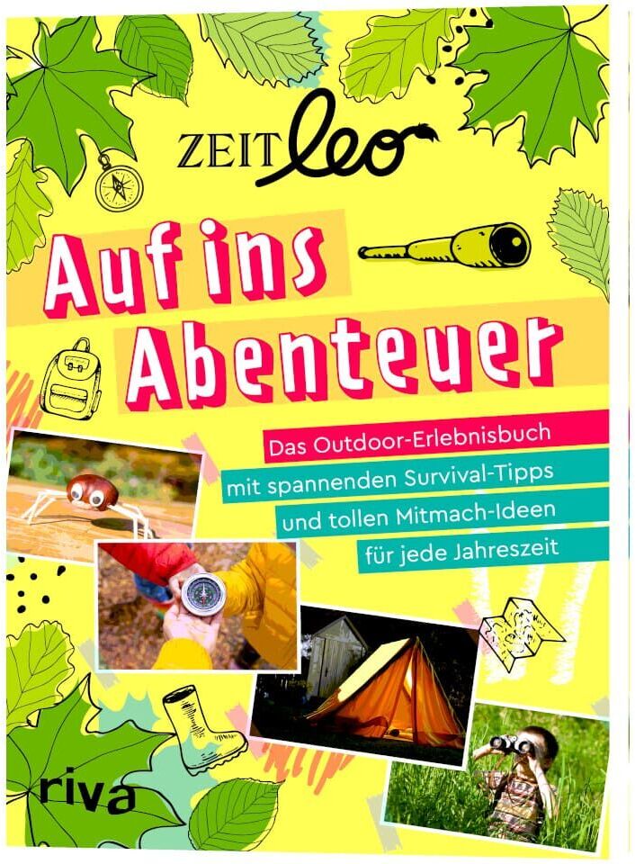 Abbildung des ZEIT LEO Outdoor-Erlebnisbuchs 'Auf ins Abenteuer', ein bunt illustriertes Buch für Kinder mit Survival-Tipps und Mitmach-Ideen. Das Cover zeigt Outdoor-Motive wie Blätter, ein Fernglas, ein Zelt und ein Lagerfeuer.