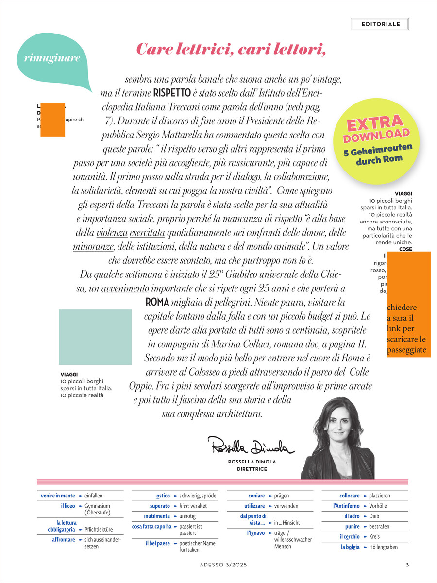Cover der Zeitschrift Adesso Magazin 3/2025, das mit einem Editorial, Bildern und Texten über italienische Themen gestaltet ist. Enthält einen zusätzlichen Download-Link zu Sehenswürdigkeiten in Rom.