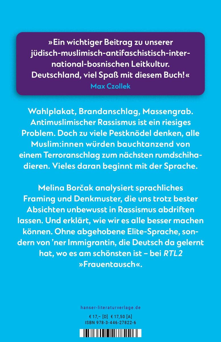 Das Buchcover von 'Borcak, M: Mekka hier, Mekka da' ist überwiegend blau mit weißer und schwarzer Schrift. Der Titel steht oben, gefolgt von einem Zitat über die Wichtigkeit des Buches. Darunter befinden sich erklärende Texte zum Inhalt des Buches und Angaben über die Autorin.