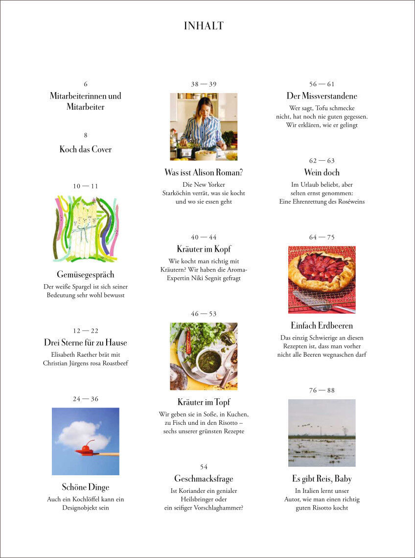Inhaltsverzeichnis der Zeitschrift ZEITmagazin WOCHENMARKT 2/22 mit verschiedenen Artikeln zu Themen wie Rezepte, Kochkunst und Kultur.