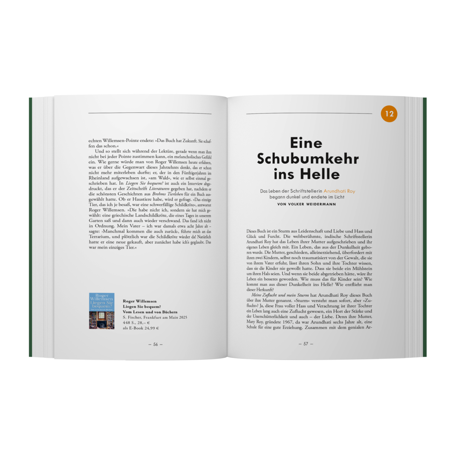 Offenes Buch der ZEIT-Edition »Bücherkompass« mit zwei sichtbaren Innenseiten. Links unten ist ein kleiner Buchumschlag abgebildet, rechts groß der Titel „Eine Schubumkehr ins Helle“. Klar strukturierte, schwarz gedruckte Texte auf weißem Papier, kleine orange Kreisgrafik mit Nummer oben rechts. Professionelles, ruhiges Layout.