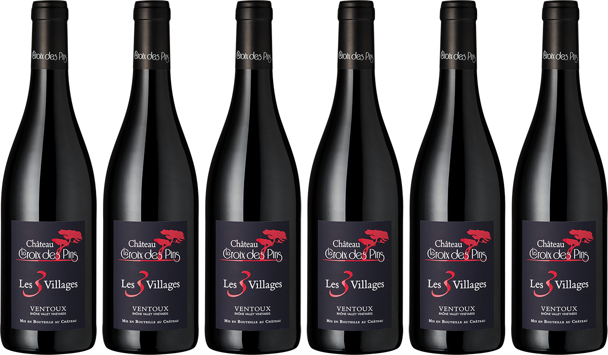Sechs Flaschen Rotwein der Marke Château Croix de Pins, Ventoux Trois Villages, Les Villages, in einer Reihe nebeneinander. Die Flaschen sind dunkel mit elegantem rot-schwarzem Etikett und französischer Aufschrift. Perfekt geeignet als Weinpaket für Genießer und besondere Anlässe.