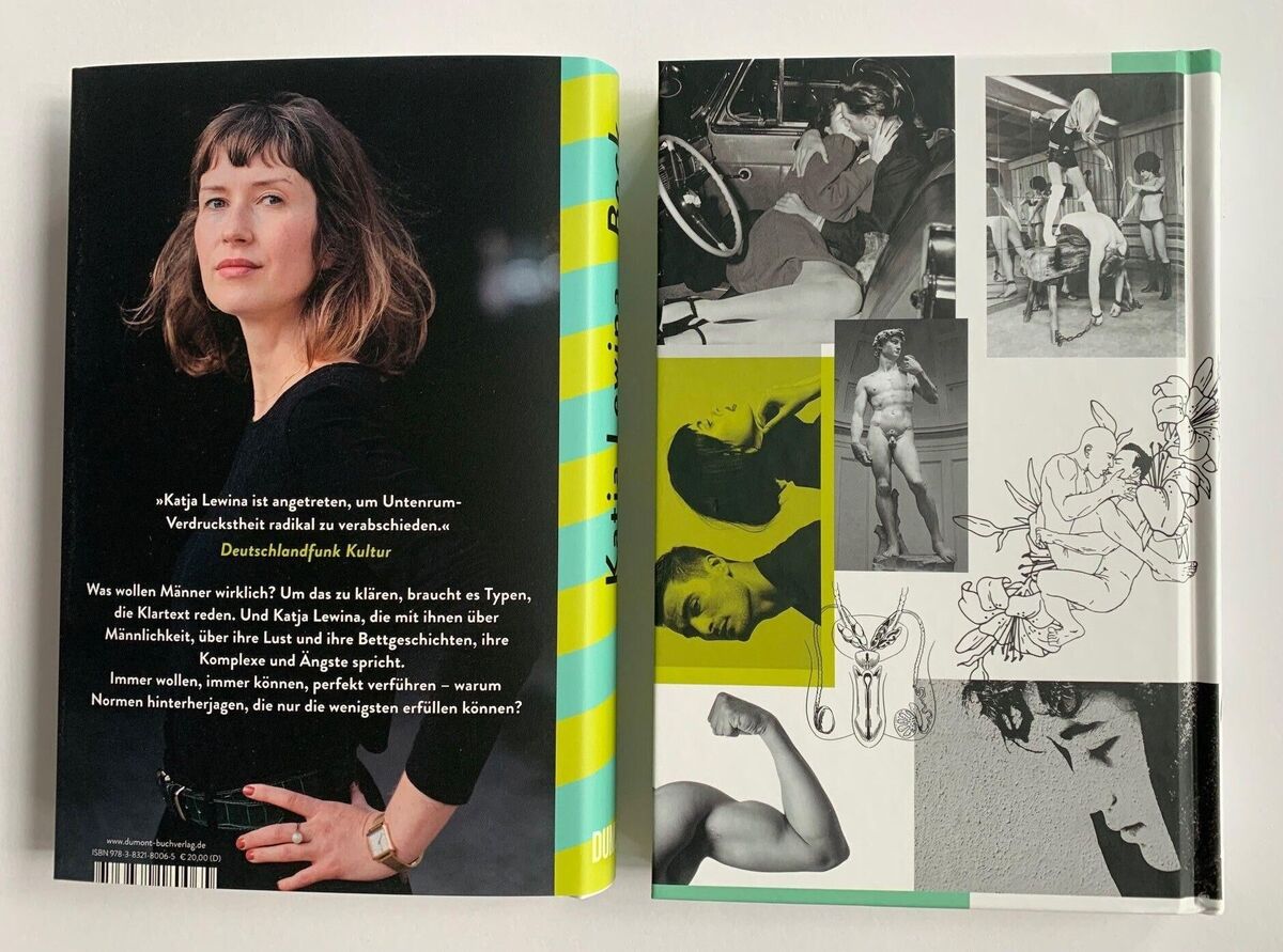 Ein Buchcover und Buchrücken des Werkes 'Bock' von Katja Lewina. Das Cover zeigt verschiedene schwarz-weiß Bilder von Menschen sowie einen grünen Hintergrund. Der Buchrücken zeigt den Titel und den Namen der Autorin vor einem farbigen Hintergrund. Eine Frau mit schulterlangem dunklem Haar und dunkler Kleidung ist ebenfalls abgebildet.