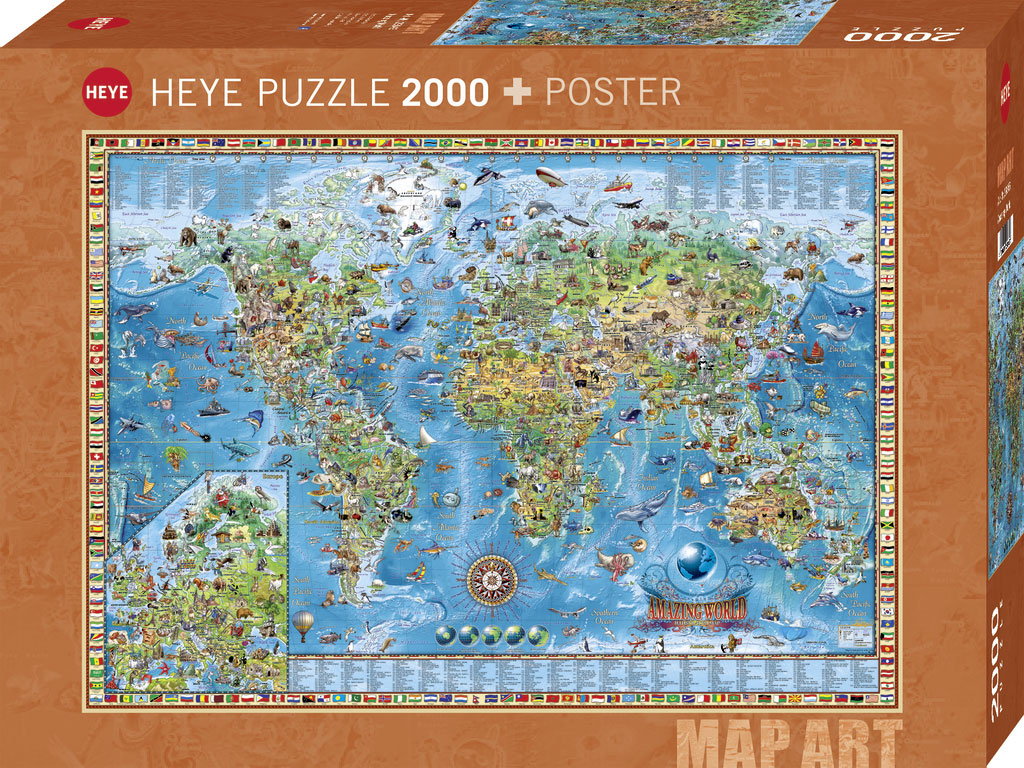 Die Abbildung zeigt die Verpackung eines 2000-Teile-Puzzles mit einer farbenfrohen Weltkarte und unterschiedlichen geografischen und tierischen Motiven. Das Produkt eignet sich besonders für Familien, Kinder und alle an Geografie Interessierten.