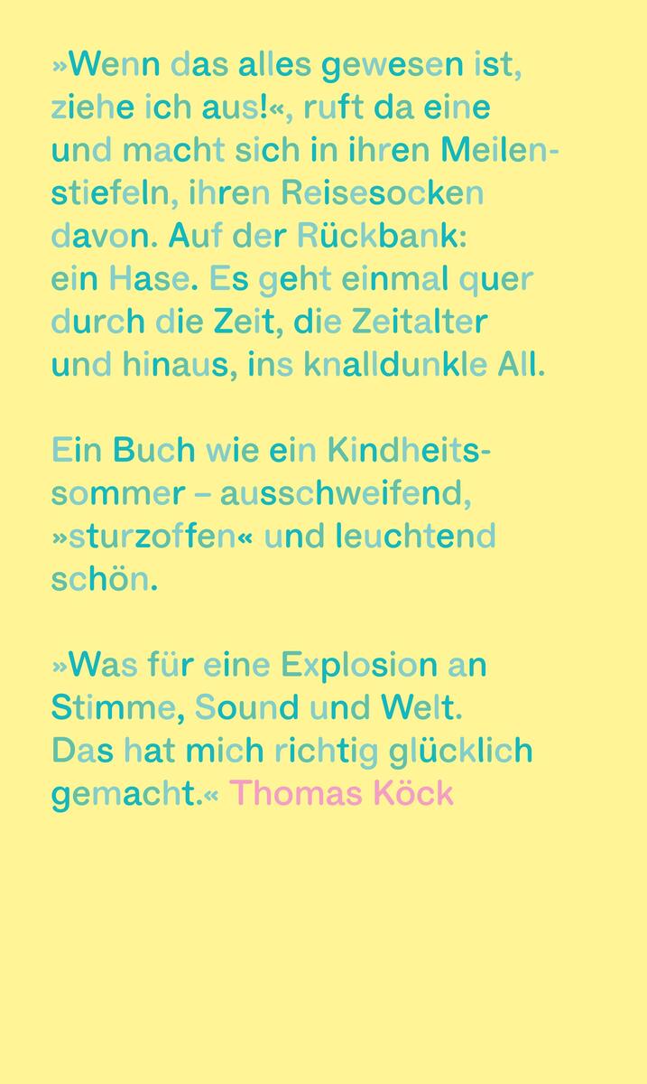 Das Bild zeigt das Buchcover von 'Hasenprosa' von M. Kames. Der Hintergrund ist gelb und zeigt mehrere Textpassagen in blauer Schrift und ein Zitat von Thomas Köck in roter Schrift.