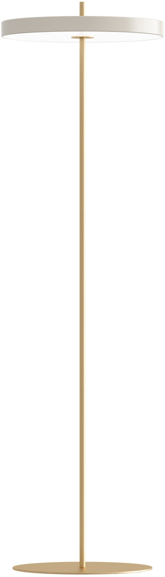Eine schlanke, minimalistische Stehleuchte »Asteria Floor« mit einem goldfarbenen Ständer und einem weißen Lampenschirm.