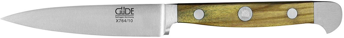 Ein Spickmesser mit einem Griff aus Olivenholz und einer silbernen Klinge, ideal für präzises Schneiden in der Küche.