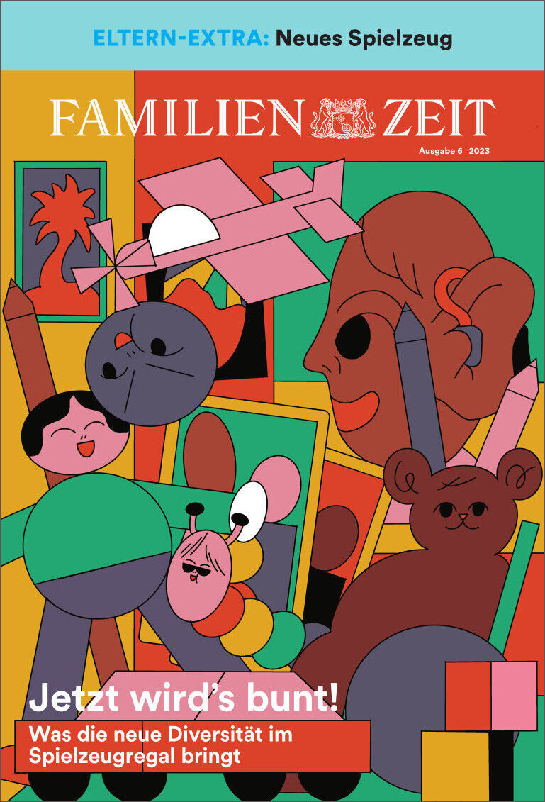 Abbildung des ZEIT LEO 6/23 Magazins mit dem Titel 'Das brauchen wir jetzt fürs Klima'. Das bunte Cover zeigt diverse Zeichnungen von Kindern und Spielzeugfiguren. Die Schlagzeile lautet 'Jetzt wird's bunt! Was die neue Diversität im Spielzeugregal bringt'.