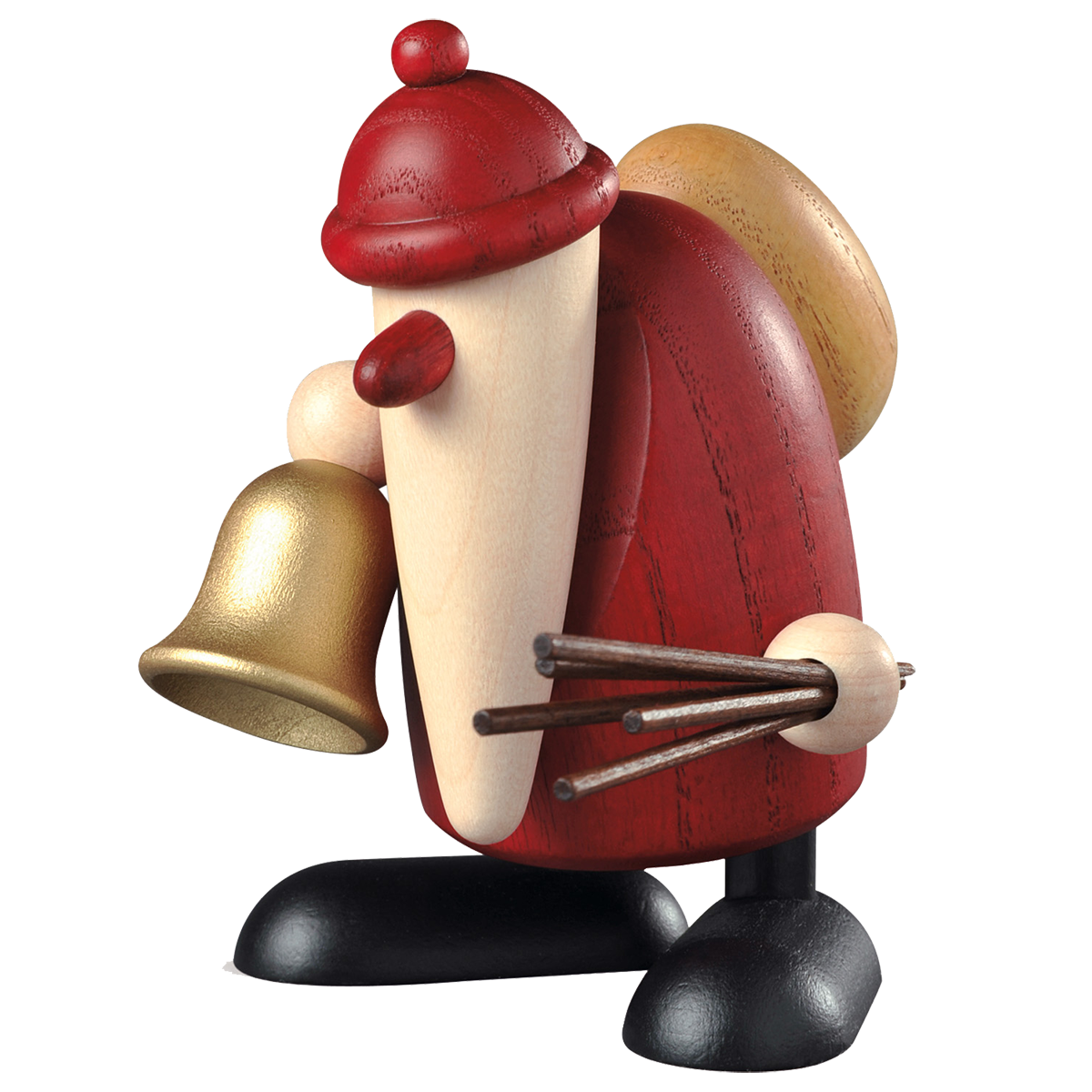 Holzfigur eines stilisierten Weihnachtsmanns mit rotem Mantel und Mütze, einer goldenen Glocke in der linken Hand und einer braunen Rute in der rechten Hand, auf schwarzem Sockel stehend. Die Figur hat einen einfach gestalteten, freundlichen Charakter und eignet sich als festliche Weihnachtsdekoration.
