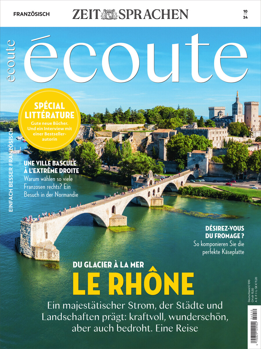 Cover des Magazins Écoute 10/2024. Der Titel ist groß und grün auf einem Foto des Flusses Rhone mit einer mittelalterlichen Brücke und Gebäuden im Hintergrund. Zahlreiche Artikeltexte sind in verschiedenen Farben und Schriftarten auf dem Cover verteilt.