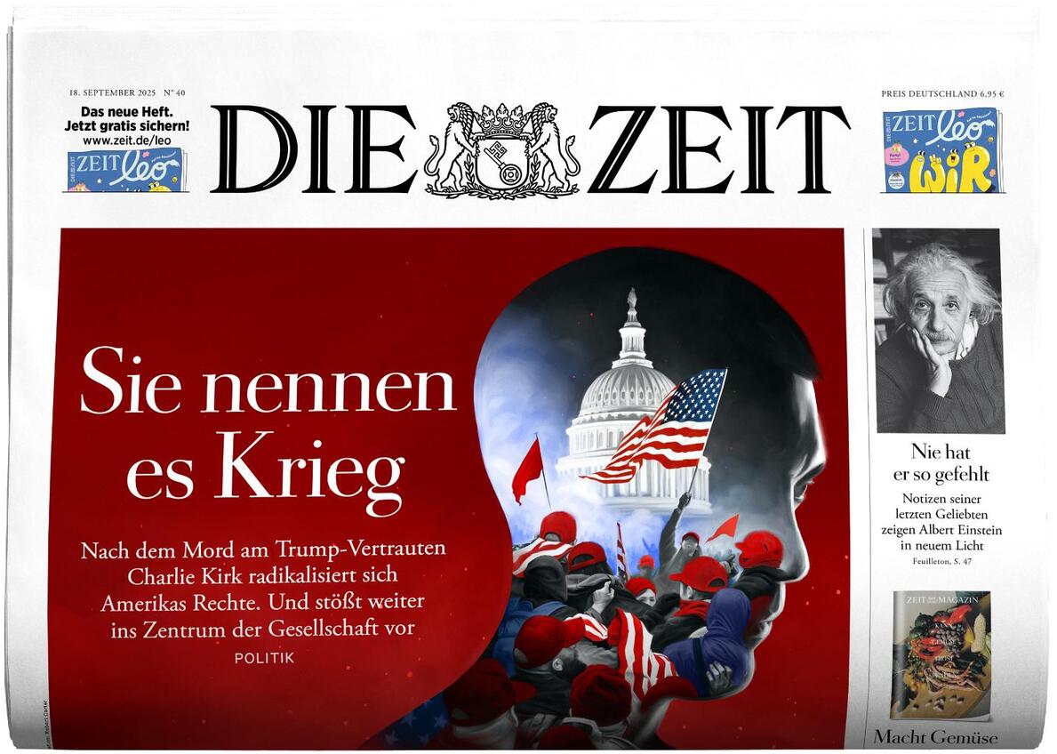 Das Titelblatt der Wochenzeitung DIE ZEIT Ausgabe 40/2025 zeigt eine politische Illustration mit rotem Hintergrund, einer Silhouette mit US-Flagge und dem Kapitol sowie den Titel 'Sie nennen es Krieg'. Die Zeitung thematisiert politische Konflikte in den USA. Oben befindet sich das Zeitungsemblem, rechts ist eine Vorschau auf weitere Artikel. Die Farben sind hauptsächlich Rot, Weiß, Schwarz und Blau.