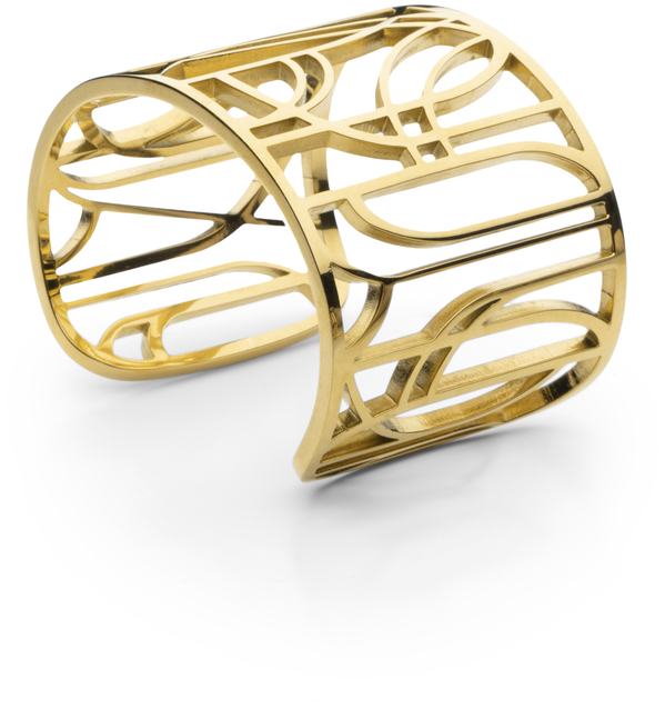 Ein luxuriöser Armreif aus Gold mit einem kunstvollen, geschnörkelten Design. Der Armreif ist offen und wirkt elegant und modern.