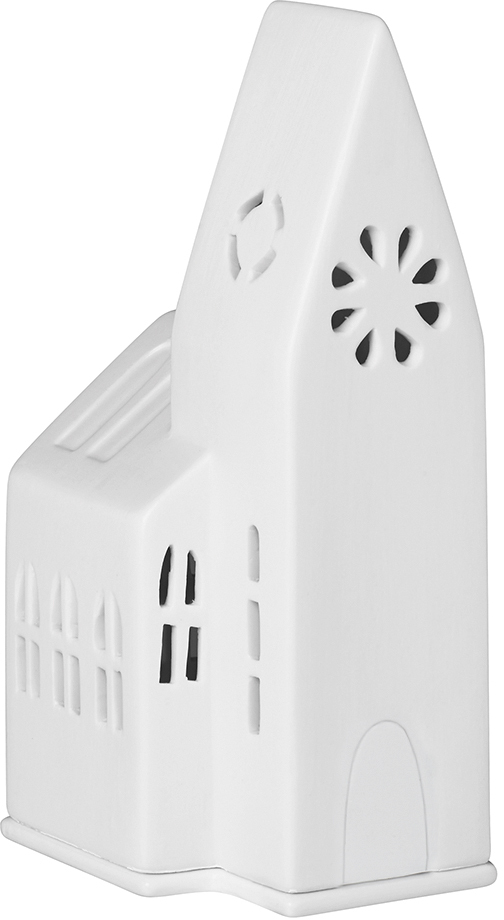 Keramisches Lichthaus in Form einer kleinen Kirche in weiß. Das Haus hat einen hohen Turm mit ausgeschnittenen Fenstern und Details, welche das Licht schön durchscheinen lassen. Perfekt als festliche Dekoration zur Weihnachtszeit.