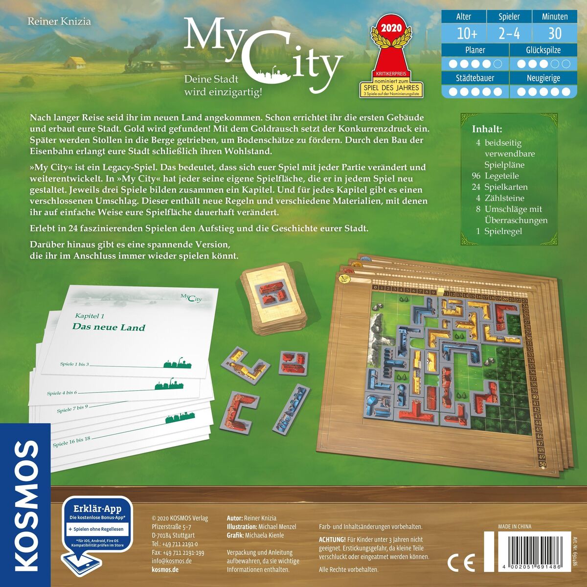 Die Rückseite der Verpackung des Brettspiels 'My City' zeigt das Spielbrett, Karten, und Ziegelsteine. Auf der Verpackung sind auch der Titel, das Spiel des Jahres 2020 Siegel, und die Spieleranzahl von 2-4 angegeben.