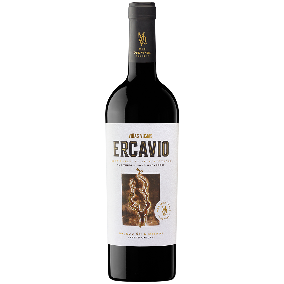 Eine einzelne Flasche Ercavio Tempranillo Rotwein mit weißem und goldenem Etikett, zentral auf weißem Hintergrund fotografiert. Die Flasche ist Teil des großen Weingut Probierpakets.