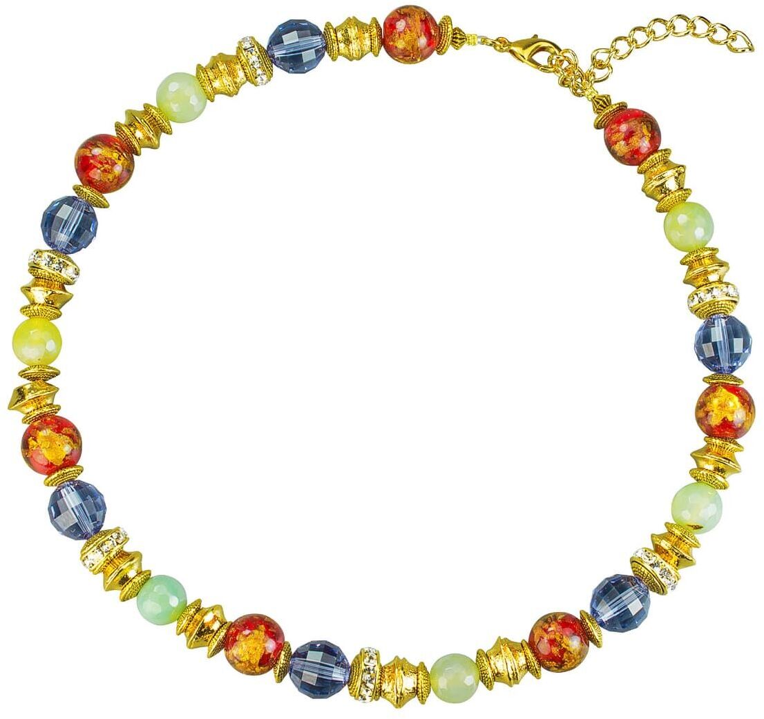 Buntes Perlencollier von Petra Waszak, Modell 'Herbstzauber', mit Naturstein und Kulturperlen in den Farben Gold, Rot, Orange, Grün und Blau. Das Collier ist mit einem goldenen Verschluss versehen und eignet sich perfekt für Herbst und festliche Anlässe.