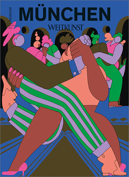 Illustration des Covers der Zeitschrift 'WELTKUNST 191/21 Sonderheft München'. Das Bild zeigt eine bunte Szene mit tanzenden Figuren in lebhaften Farben, darunter Blau, Grün, Rosa und Orange. Im Hintergrund sind weitere Personen in einer Art Saal zu sehen. Der Titel 'MÜNCHEN' und der Name der Zeitschrift sind oben auf dem Cover abgebildet.