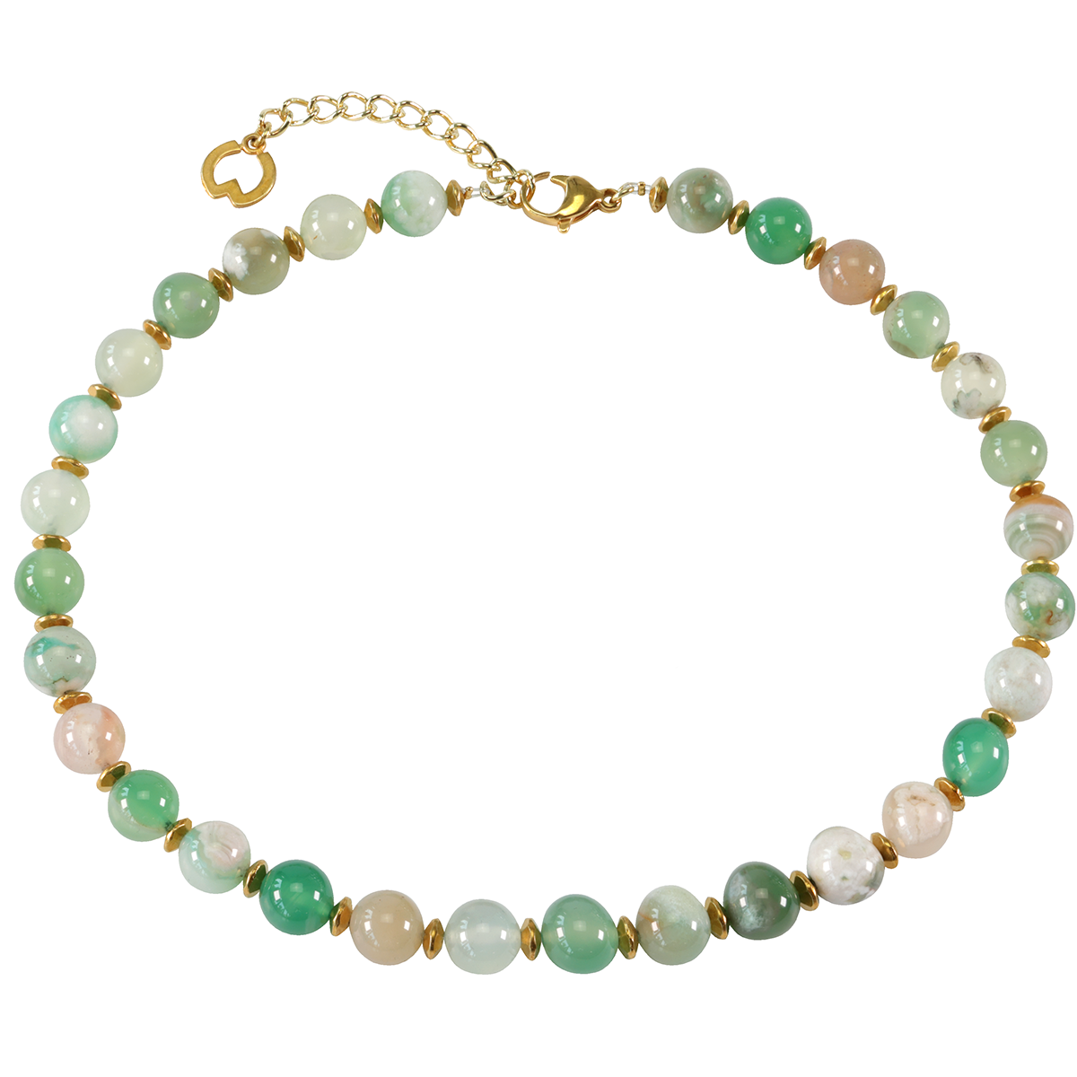 Das Bild zeigt ein elegantes Collier aus runden Achat-Perlen in verschiedenen Grüntönen sowie einigen creme- und beige-farbenen Varianten. Kleine, vergoldete Messingperlen setzen Akzente. Der Verschluss ist goldfarben mit Verlängerungskette, alles in hochwertiger Verarbeitung.