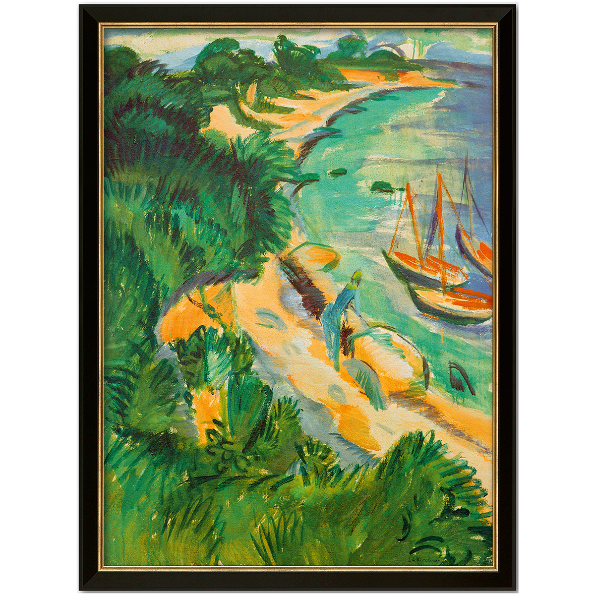 Gerahmtes Gemälde von Ernst Ludwig Kirchner „Fehmarnbucht mit Booten“ (1913). Die Szene zeigt eine leuchtende Küstenlandschaft mit viel Grün, gelben Sandflächen, blauem Wasser, orangefarbenen Booten und einer markanten Figur am Ufer. Schwarzer Rahmen, expressionistischer Stil.