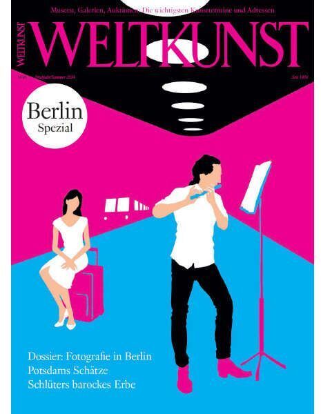 Cover der WELTKUNST Edition »Berlin«, zeigt eine stilisierte Illustration von zwei Personen; eine Frau sitzt und eine andere Person steht und schaut ein Kunstwerk an. Das Farbschema besteht aus Pink, Blau, Weiß, und Schwarz.