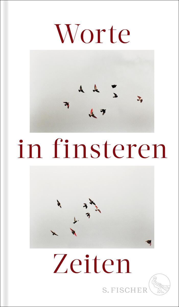 Das Cover des Buches 'Worte in finsteren Zeiten' zeigt einen weißen Hintergrund mit roten Buchstaben. Zwei Abbildungen von fliegenden Vögeln, einmal oben und einmal unten, sind in der Mitte zu sehen. Unten rechts steht der Name des Verlags 'S. Fischer'.