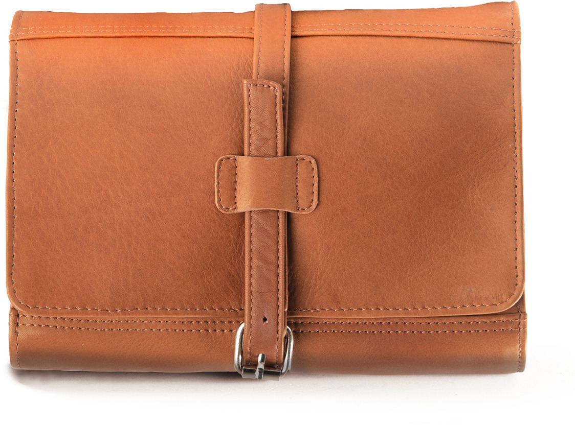 Braune, lederne Kulturtasche mit Schnalle, geeignet für Reisen und als stilvolles Accessoire für Herren und Damen.