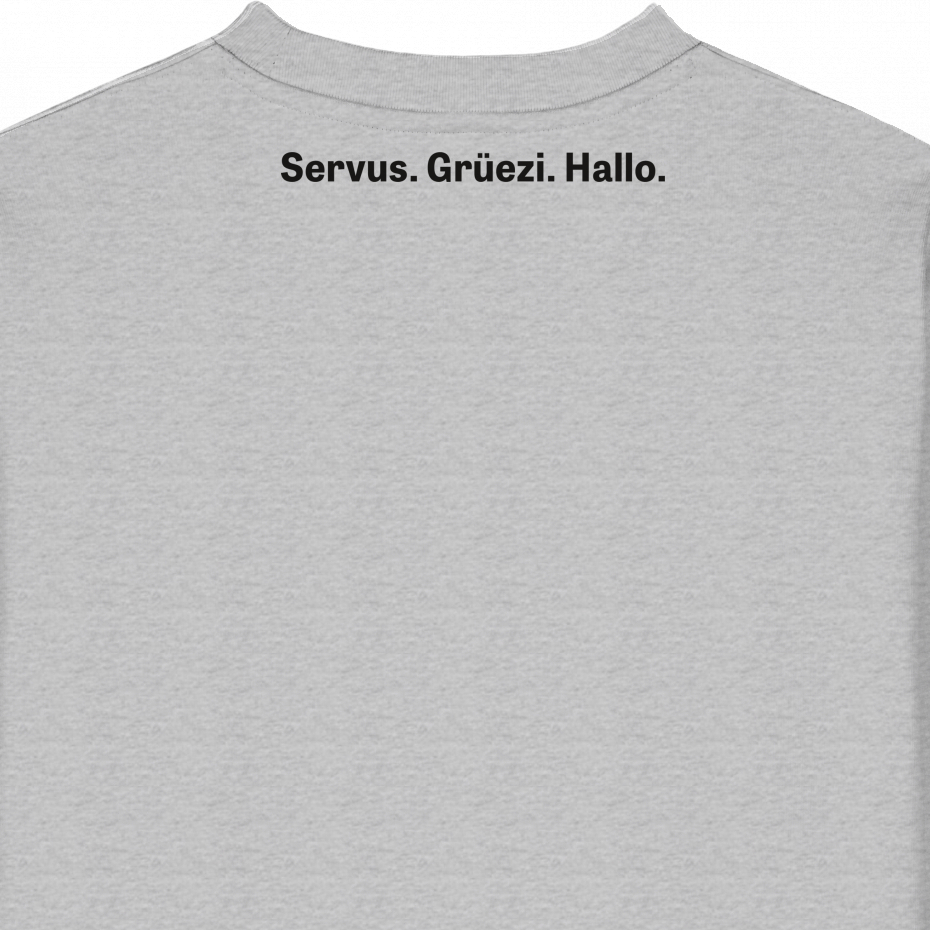 Rückansicht eines hellgrauen Sweatshirts mit schwarzem Text 'Servus. Grüezi. Hallo.' im oberen Rückenbereich. Der Sweater hat einen klassischen Rundhalsausschnitt und präsentiert sich schlicht und modern, passend für verschiedene Alltagssituationen und als Zeichen der deutschsprachigen Verbundenheit.