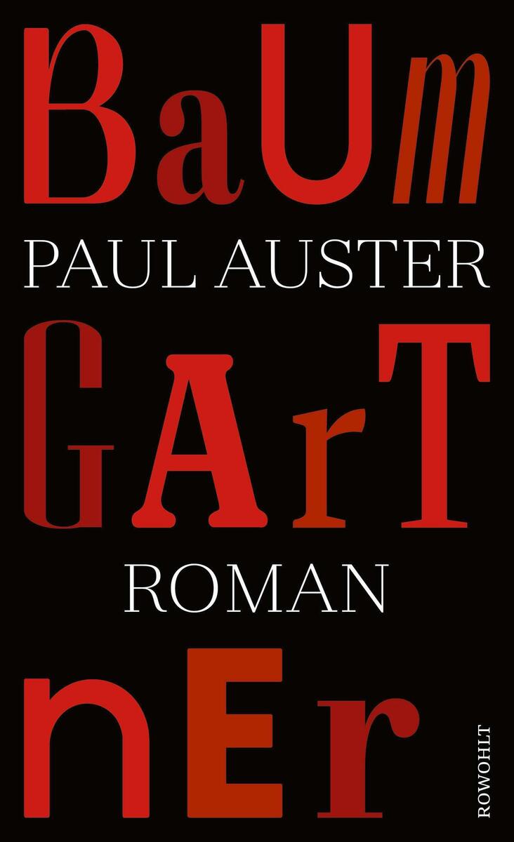 Das Bild zeigt das Buchcover des Romans 'Baumgartner' von Paul Auster. Der Hintergrund ist schwarz, während der Titel in großen, roten und weißen Buchstaben geschrieben ist.