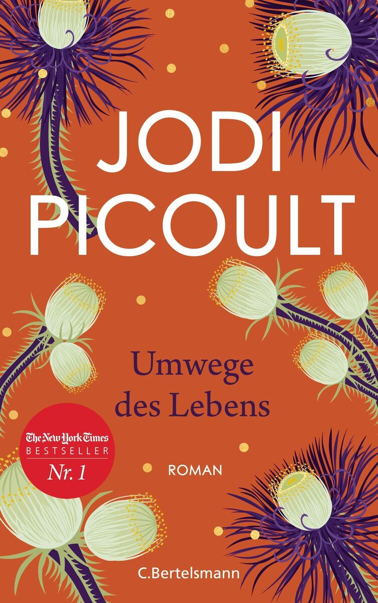 Titelbild des Buches 'Umwege des Lebens' von Jodi Picoult. Der Hintergrund ist orange mit abstrakten floralen Mustern in lila, weiß und gelb. Der Name des Autors und der Buchtitel sind in weißer Schrift.