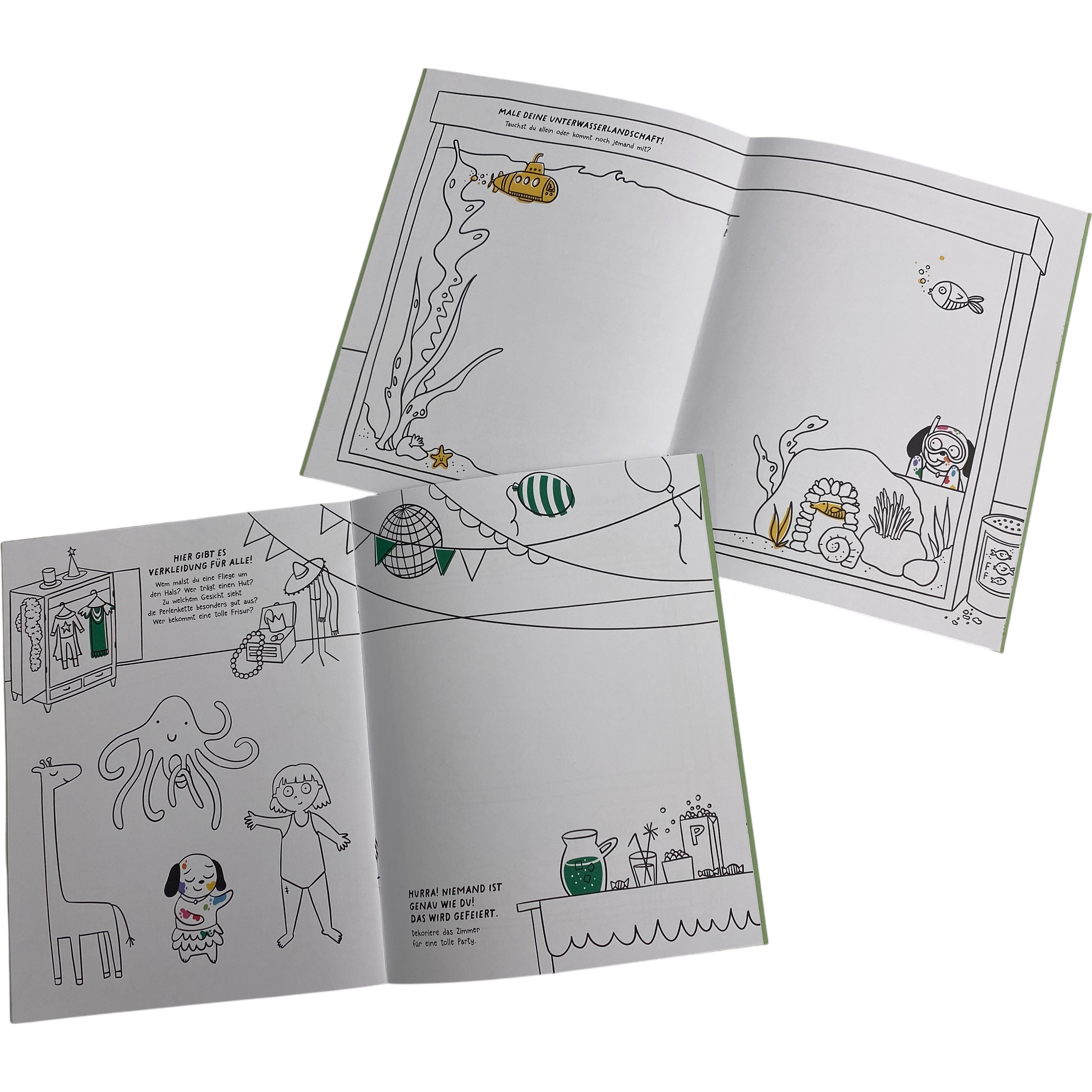 Zwei aufgeklappte Seiten eines Kritzel- und Malhefts aus der ZEIT-Edition »Kunterbunte Gefühle« mit kindgerechten Schwarz-Weiß-Illustrationen zum Ausmalen. Abgebildet sind Szenen mit Tieren, Ballons und Pflanzen, teils mit Rahmen für eigene Zeichnungen und kleinen Textanweisungen.