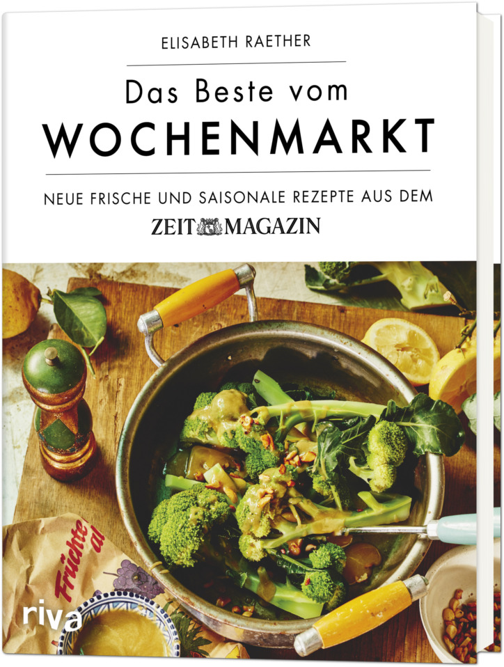 Ein Buch mit dem Titel 'Das Beste vom Wochenmarkt' von Elisabeth Raether, herausgegeben vom Zeit Magazin, steht aufrecht. Abgebildet ist eine Schüssel mit frischem Gemüse und einem hölzernen Löffel. Das Cover zeigt ein Gericht mit Brokkoli und anderen frischen, saisonalen Zutaten.