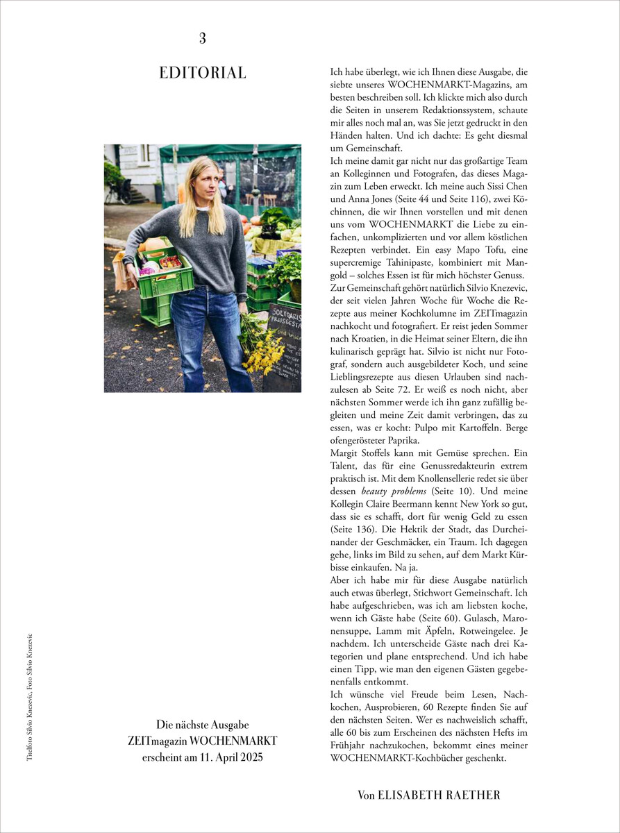 Eine Seite aus dem ZEITmagazin WOCHENMARKT 7/24 zeigt eine Person mit langen Haaren, die neben mehreren grünen Kisten steht, in denen sich verschiedenes Gemüse befindet. Der Hintergrund ist ein Garten oder eine Naturzone. Der Text auf der Seite beschreibt wahrscheinlich ein Editorial von Elisabeth Raether.