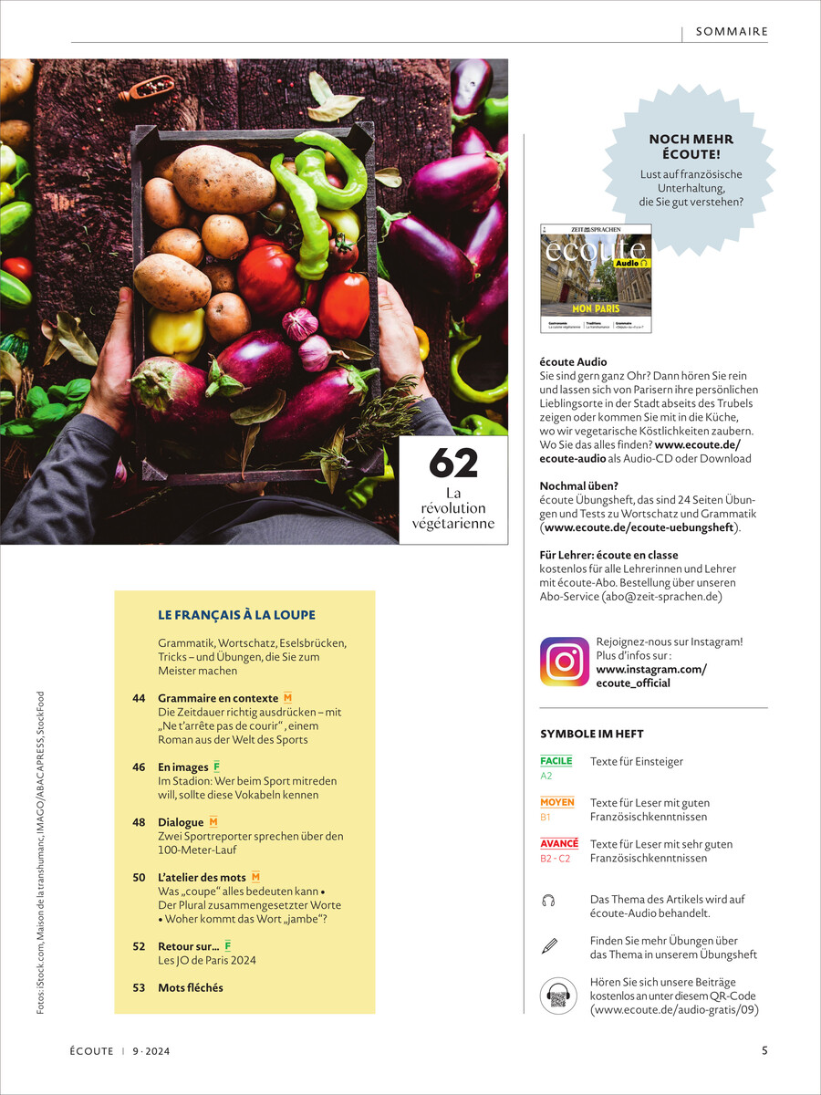 Abbildung des Magazins 'Écoute' Ausgabe 09/2024. Auf der linken Seite ist ein Bild von farbigem Gemüse wie Tomaten, Zucchini und Paprika, die in einer Holzkiste präsentiert werden. Eine Person hält die Kiste in den Händen. Auf der rechten Seite befinden sich verschiedene Artikelbeschreibungen, Inhaltsverzeichnis und Informationen über das Magazin.