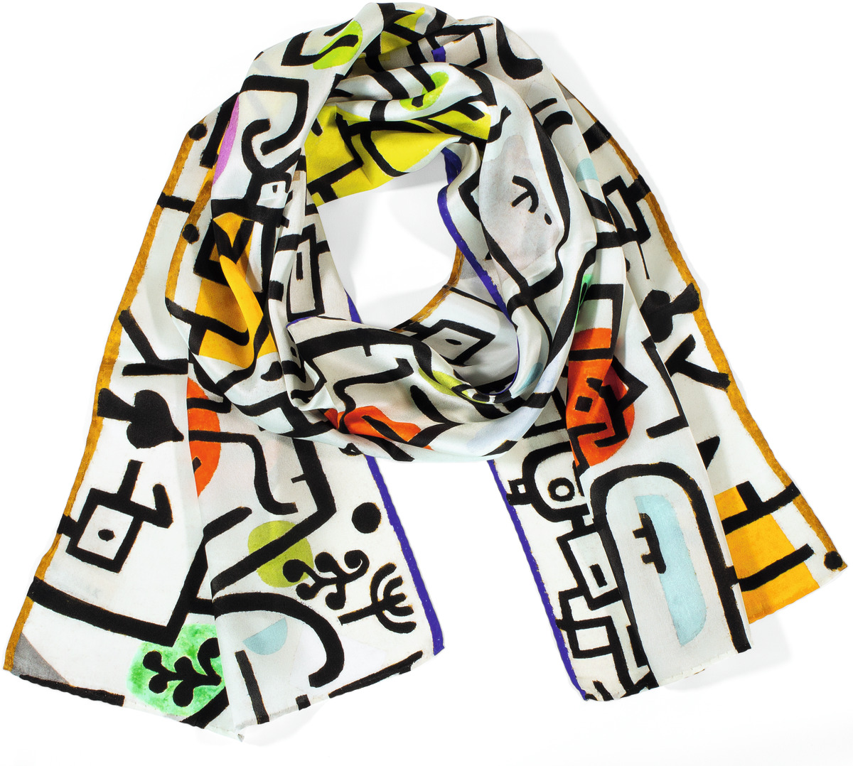 Ein Seidenschal inspiriert von Paul Klees Werk 'Reicher Hafen' (1938) mit einem bunten, abstrakten Design in Weiß, Schwarz, Rot, Grün, Gelb, Orange und Blau.
