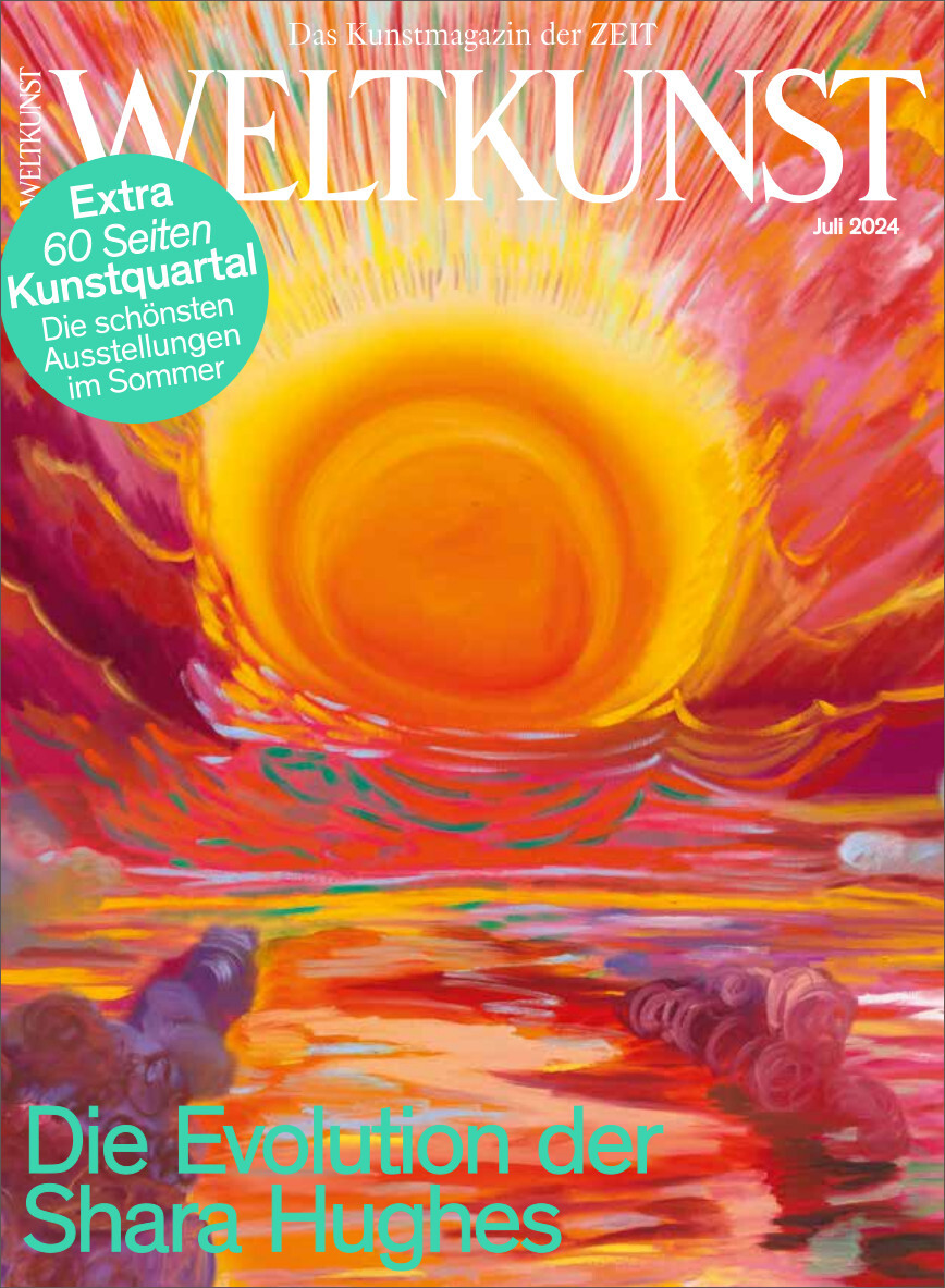 Cover des Kunstmagazins 'WELTKUNST' Ausgabe Juli 2024. Das Bild zeigt ein dynamisches, farbenreiches Kunstwerk mit dominierenden Farben in Orange, Rot und Gelb. Der Titel 'Die Evolution der Shara Hughes' und ein Hinweis auf zusätzliche 60 Seiten Kunstquartal sind ebenfalls zu sehen.