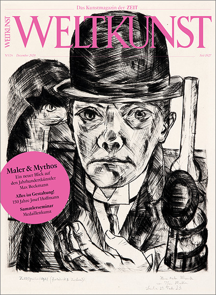 Cover des Kunstmagazins WELTKUNST Ausgabe 179/20 mit schwarzer und weißer Zeichnung von Max Beckmann, die ein Porträt eines Mannes in einem schwarzen Hut zeigt. Oben steht der Titel des Magazins in rosa Schrift, sowie der Hinweis auf einen Artikel über Beckmann als „Maler & Mythos“.