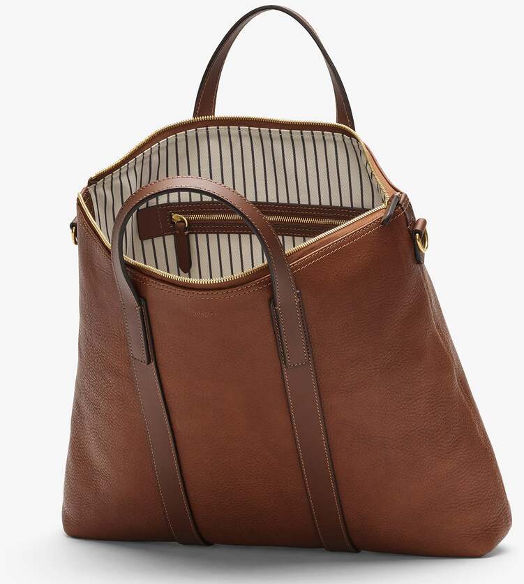 Elegante Ledertasche »MATE« von Mismo in braun mit beiger, gestreifter Innenseite.