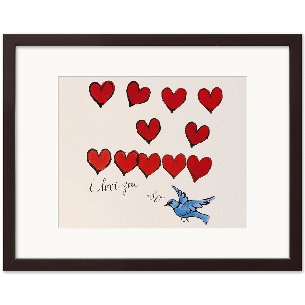 Gerahmter Kunstdruck von Andy Warhol „I love you so (Bird)“ mit zwölf roten, schwarzen Herzen, handschriftlichem Text und einem blauen Vogel auf weißem Hintergrund. Schwarzer Holzrahmen, klare Linien. Ausdrucksstarke, romantische Bildsprache.