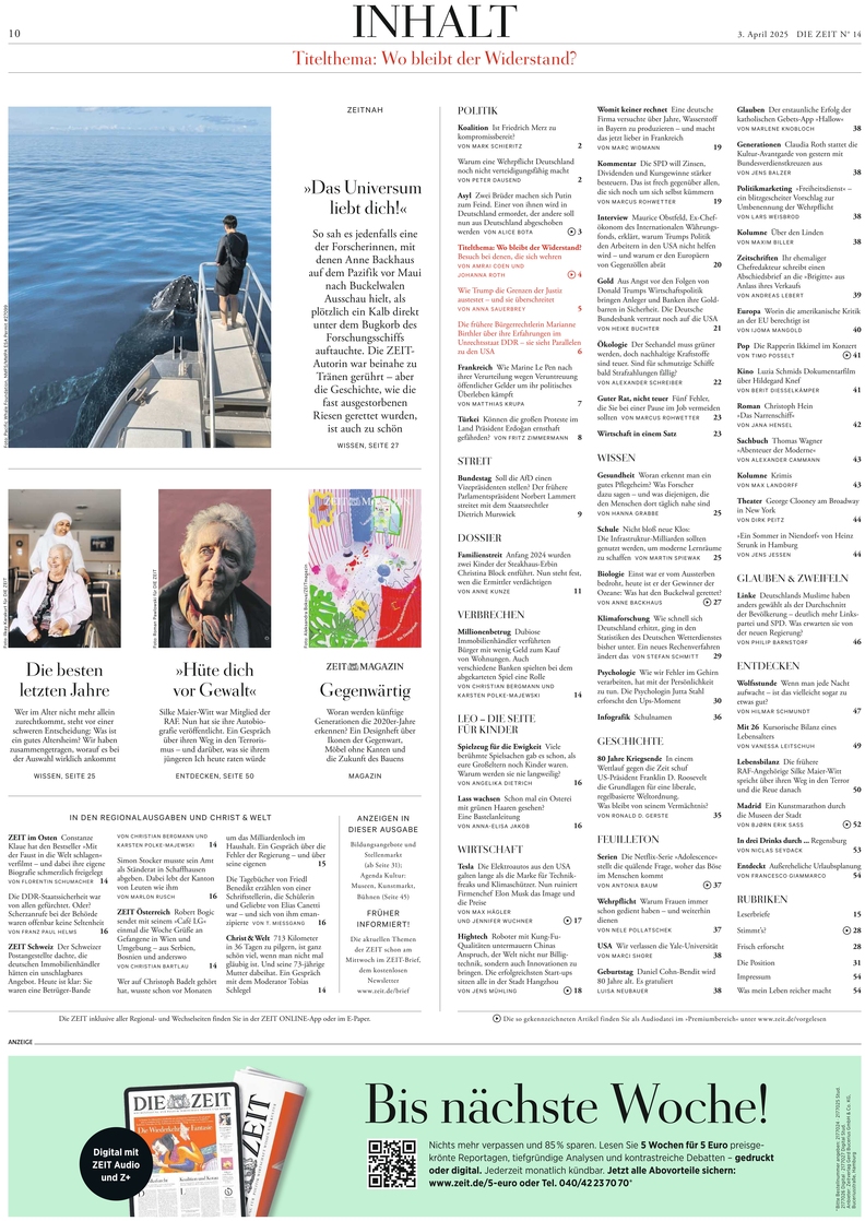 Titelseite der Zeitung 'DIE ZEIT' Ausgabe 14/2025 mit verschiedenen Artikeln, Fotos und Grafiken, darunter eine Meeresansicht und ein Porträt.