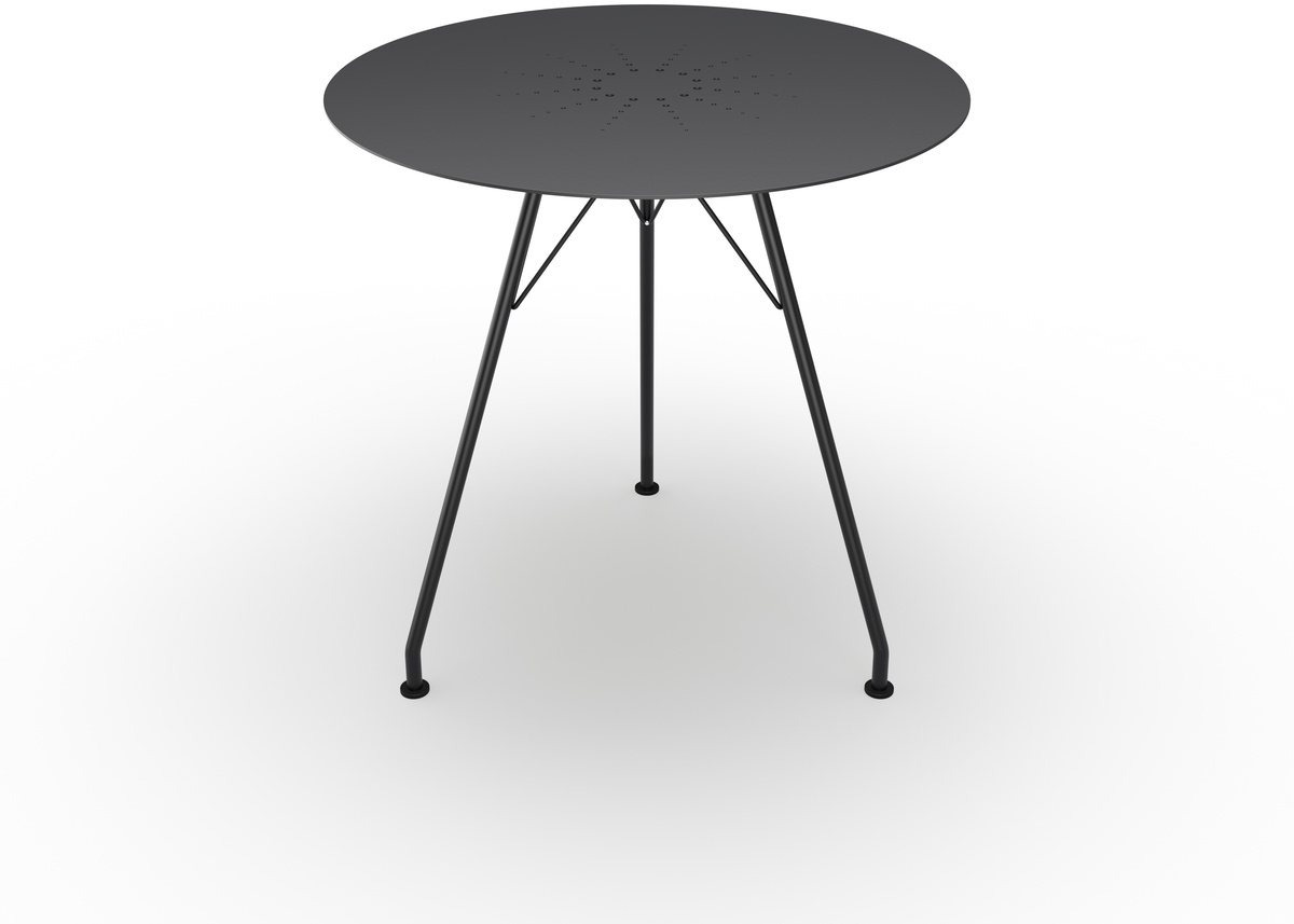 Ein runder Couchtisch namens „CIRCUM“ mit einer schwarzen Platte und schlanken metallischen Beinen, präsentiert auf einem hellen Hintergrund. Der Tisch hat ein minimalistisches und modernes Design.