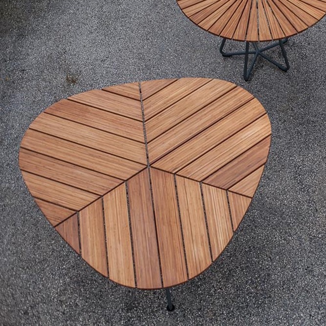 Eine Abbildung von drei Gartentischen der Serie »LEAF«. Die Tische bestehen aus holzartigen Oberflächen mit grauen Mitten und sind rund oder dreieckig geformt, auf einem grauen Kiesboden platziert.